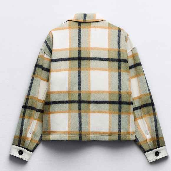 ZARA Patch Pocket Plaid Overshirt Flannel Shacket Long Sleeve White and Green M - Picture 4 of 5